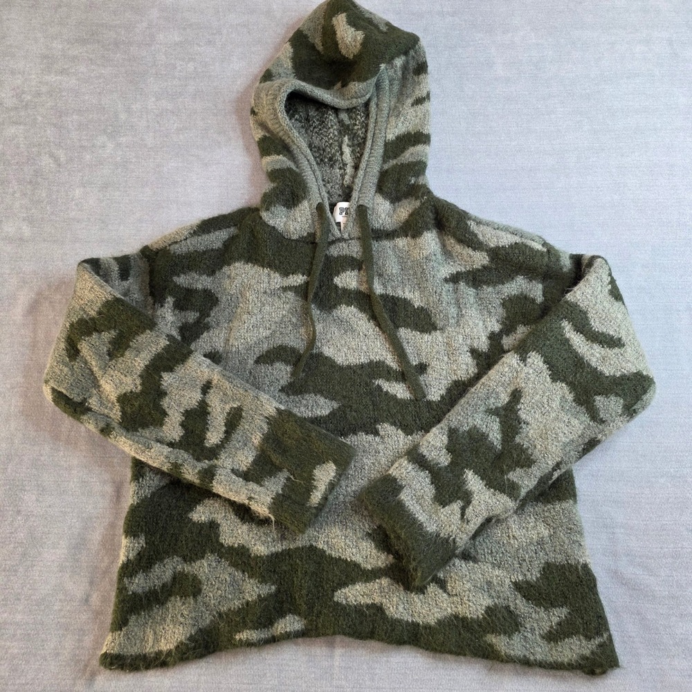 PINK‎ Victoria's Secret Hoodie Women Small Green Camo Excellent Teddy Fleece